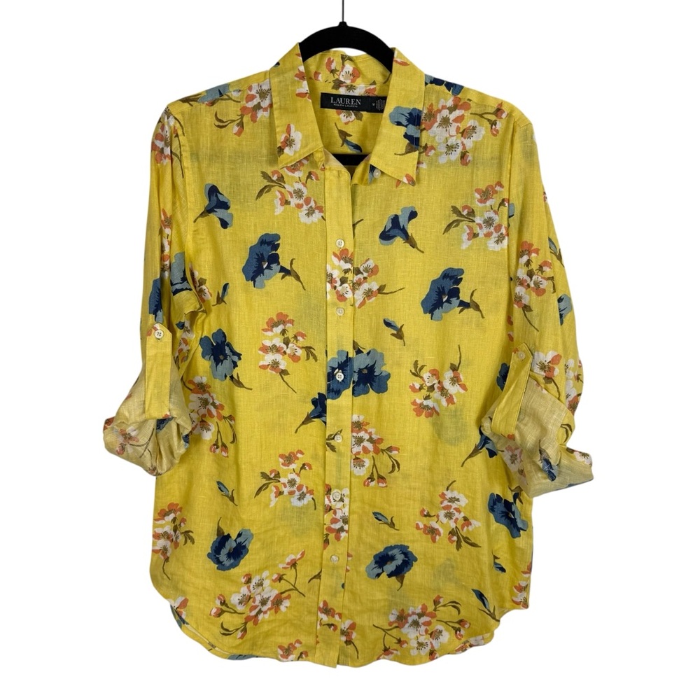 NWOT Lauren Ralph Lauren Shirt Floral Size M Yellow 100% Linen Blouse Button Up - Picture 2 of 6